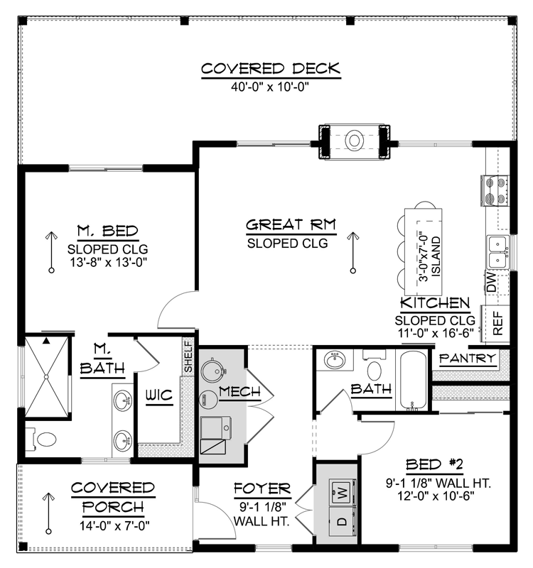 Plan 135304GRA: 2 or 3-Bedroom Modern Mountain House Plan under 1200 Sq Ft with Lower Level Expansion - Floor Plan - Main with Optional Craw/Slab - Mid Century Modern, Modern, Mountain, Vacation