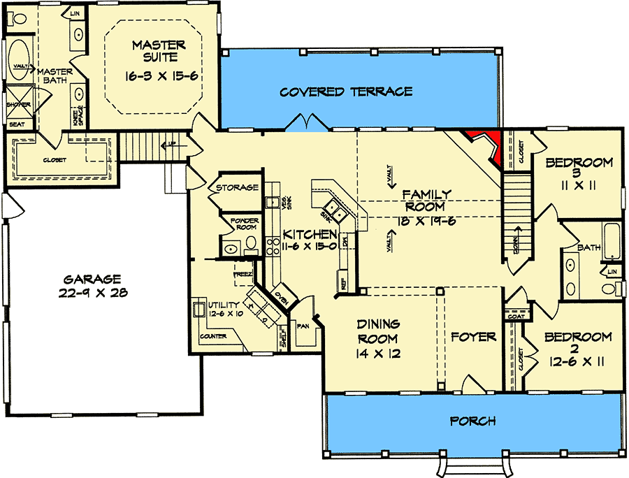 Plan 3674DK: 3-Bedroom Country Farmhouse Plan with Split Bedrooms and Bonus Room - Floor Plan - Main Level - Country, Traditional