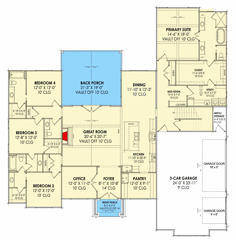 Plan 818137JSS: 4-Bed Transitional House Plan with Unfinished Bonus Room - 3116 Sq Ft - Floor Plan - Main Level - European, Transitional