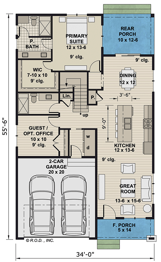Plan 14873RK: 4-Bed Traditional Craftsman House Plan with Front and Rear Porch - 2291 Sq Ft - Floor Plan - Main Level - Country, Traditional