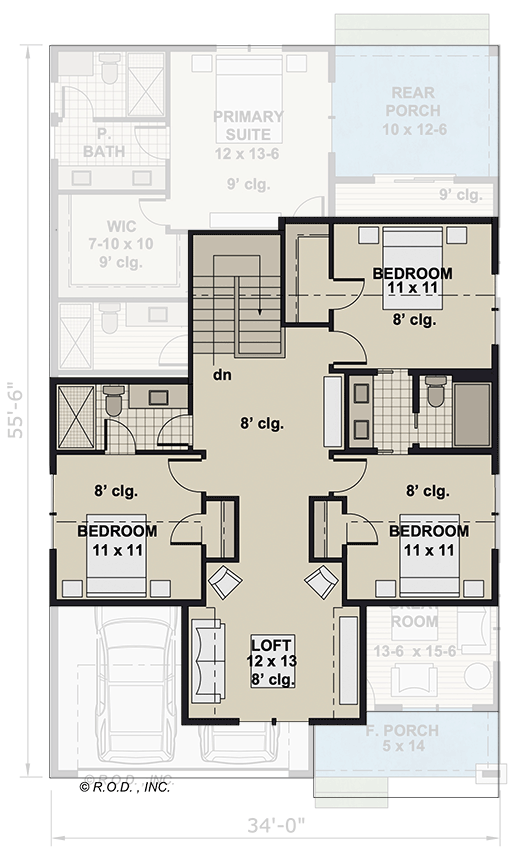 Plan 14873RK: 4-Bed Traditional Craftsman House Plan with Front and Rear Porch - 2291 Sq Ft - Floor Plan - 2nd Floor - Country, Traditional