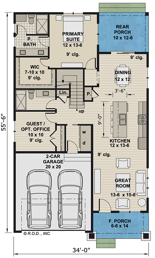 Plan 14868RK: Two-Story Modern Farmhouse Plan with Open Concept Living  - 2233 Sq Ft - Floor Plan - Main Level - Farmhouse, Modern Farmhouse, New American