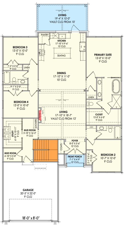 Plan 818149JSS: 4-Bed Transitional French Country House Plan with 2-Car Garage - 2000 Sq Ft - Floor Plan - Main Level - Basement Stairs Location with 2x6 Walls - Contemporary, Cottage, French Country, New American, Transitional