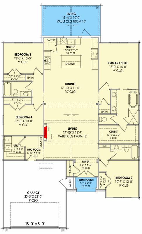 Plan 818149JSS: 4-Bed Transitional French Country House Plan with 2-Car Garage - 2000 Sq Ft - Floor Plan - Main Level - Contemporary, Cottage, French Country, New American, Transitional