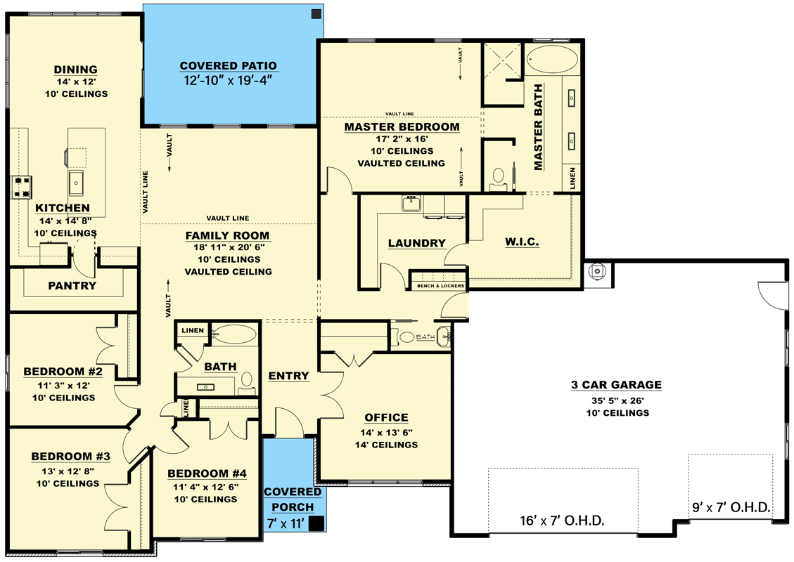 Plan 506006BRY: 4-Bed Traditional House Plan with Home Office - 2717 Sq Ft - Floor Plan - Main Level - Ranch, Traditional