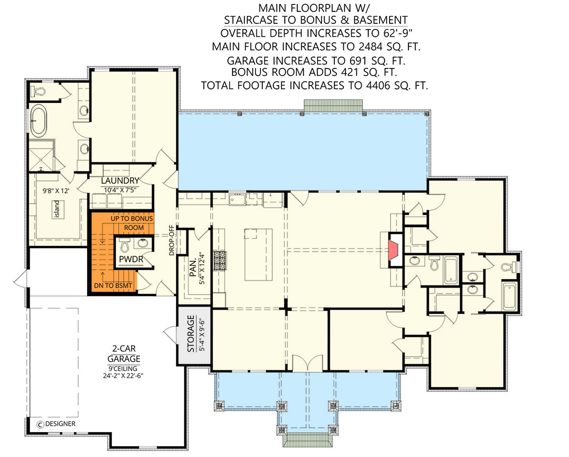 Plan 56550SM: 4-Bed Modern Farmhouse Plan with Vaulted Master Bedroom - 2343 Sq Ft - Floor Plan - Main Level - Basement and Bonus Stair Location - Country, Craftsman, Modern Farmhouse, New American