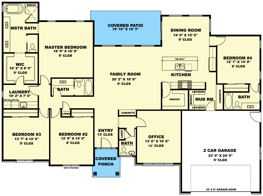 Plan 506016BRY: 4-Bed Ranch House Plan with Home Office - 2724 Sq Ft - Floor Plan - Main Level - Country, Craftsman, Ranch
