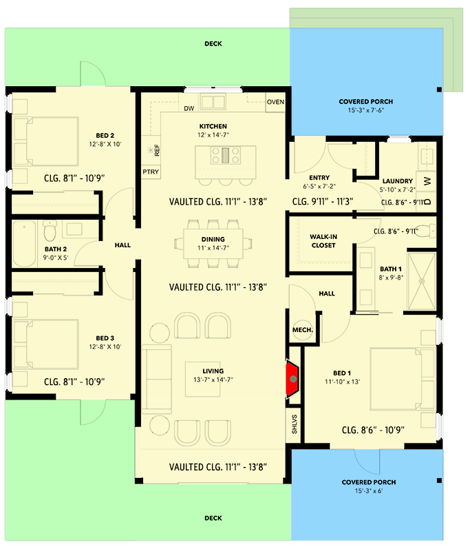 Plan 871036NST: 3-Bed Contemporary House Plan with Expansive Rear Windows - 1408 Sq Ft - Floor Plan - Main Level - Coastal, Contemporary, Mid Century Modern, Modern