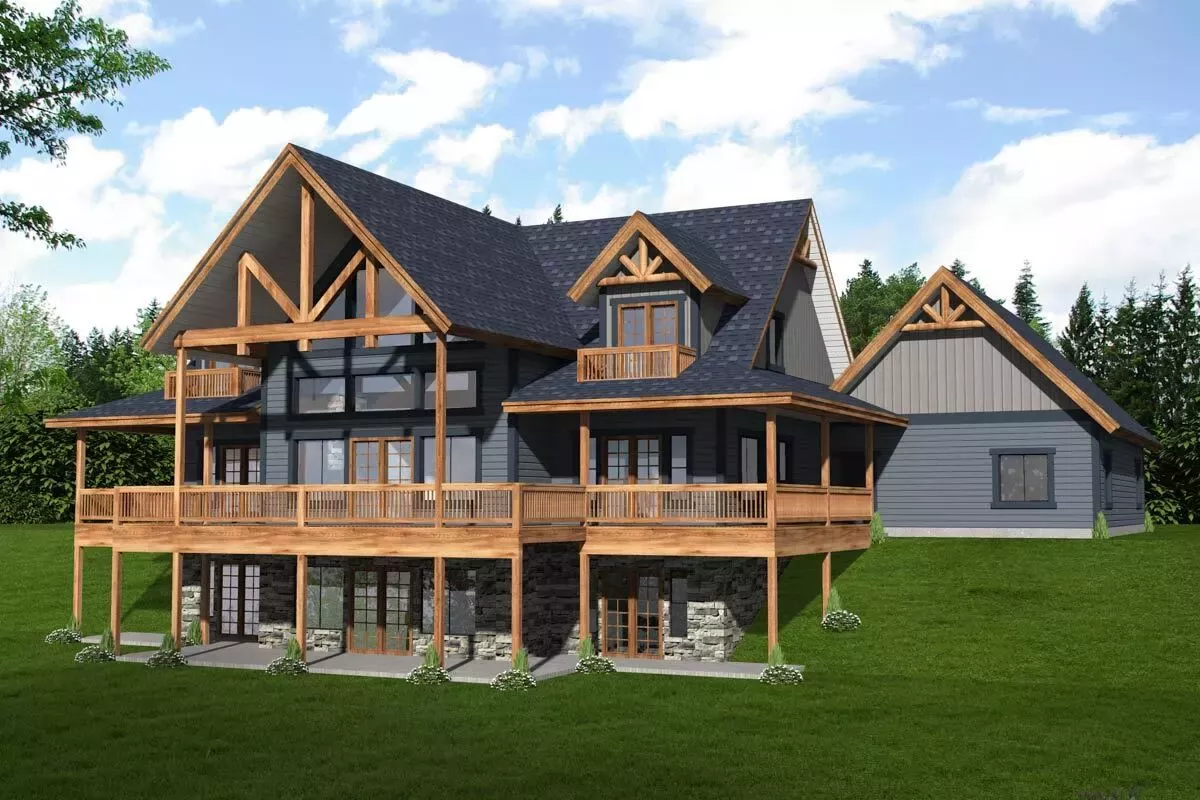 Two-Story Mountain Lake House Plan with Oversized Garage and Workshop - 3439 Sq ft