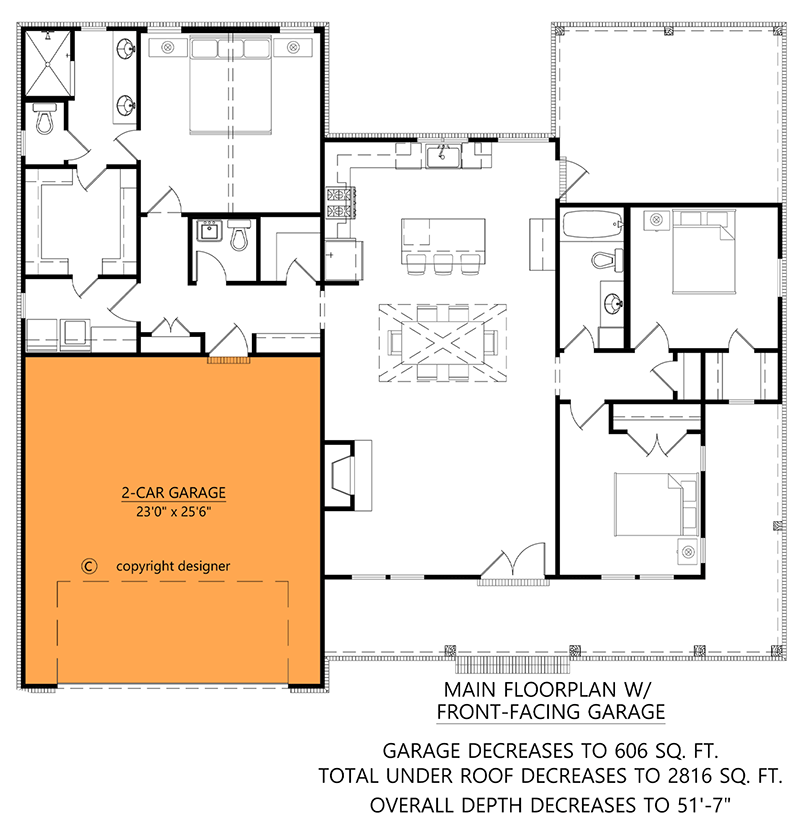Plan 56554SM: 3-Bed Modern Farmhouse Plan with Wrap Around Porch and Upgrade Options - 1673 Sq Ft - Floor Plan - Main Level - 2-Car Front Garage Option ($ Paid Option) - Country, Farmhouse, Modern Farmhouse