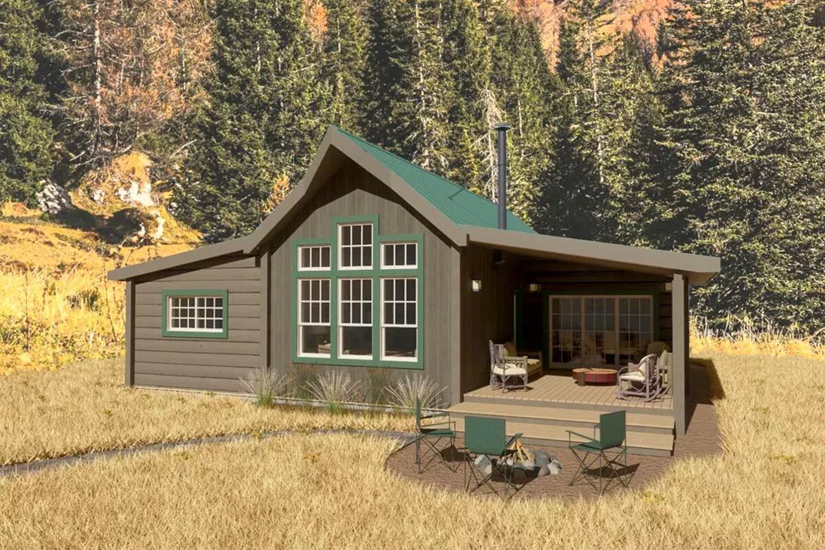 3-Bed Rustic Cabin House Plan with Loft over Kitchen - 1488 Sq Ft