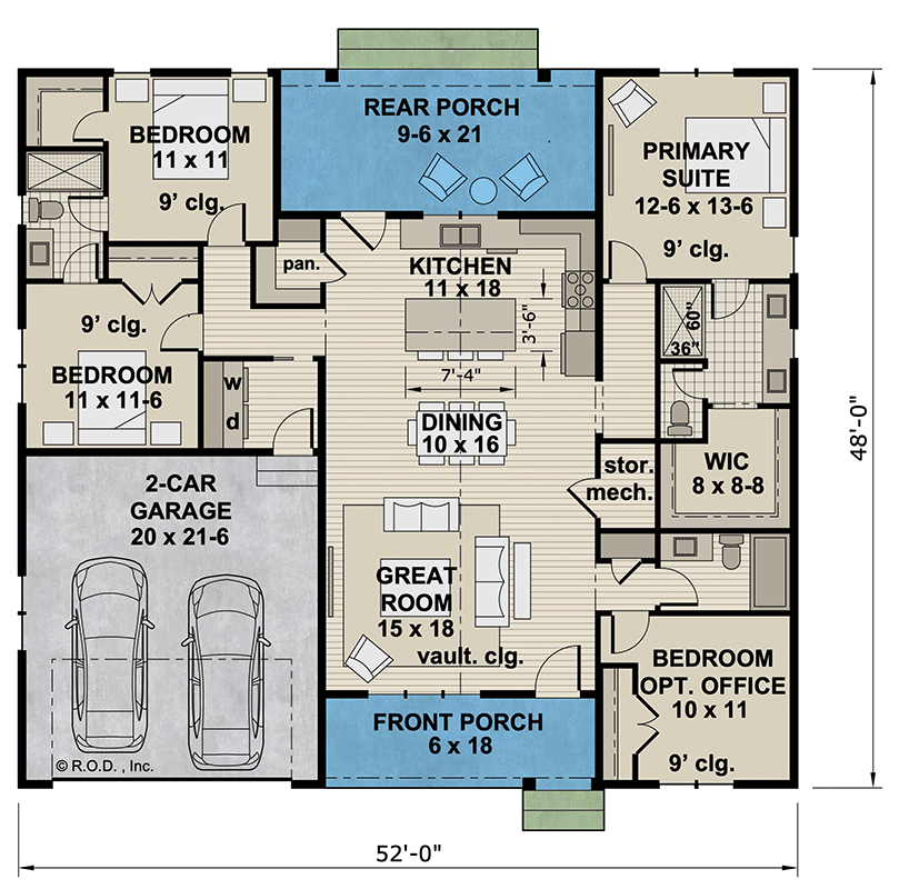 Plan 14956RK: Single-Story Country Farmhouse Plan with Flex Room - 1742 Sq Ft - Floor Plan - Main Level - Country, Farmhouse