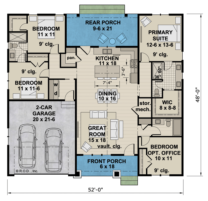 Plan 14957RK: Craftsman Home with Split Bedrooms and a Front and Rear Porch - Floor Plan - Main Level - Country, Craftsman, Traditional