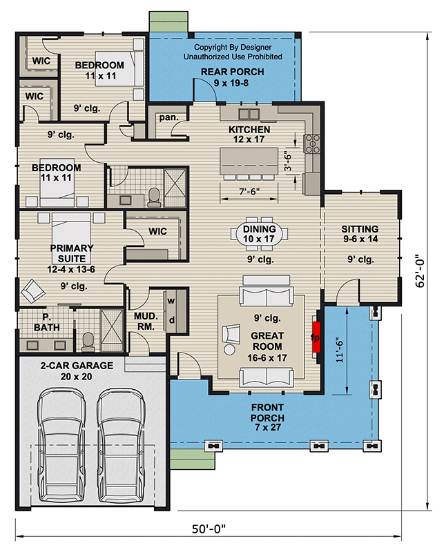 Plan 14975RK: Single-Story Craftsman House Plan with Wrap-Around Front Porch - 1717 Sq Ft - Floor Plan - Main Level - Craftsman, Traditional