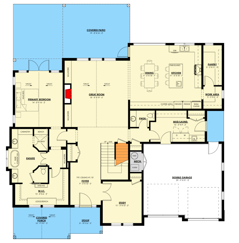 Plan 270114AF: 4-Bed Modern Craftsman House Plan with Main Level Primary Suite - 3367 Sq Ft  - Floor Plan - Main Level - Country, Craftsman, Modern Farmhouse, New American, Traditional