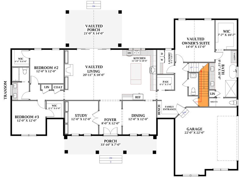 Plan 46529LA: 3-Bedroom Modern Farmhouse with Unfinished Bonus Level - 2473 Sq Ft - Floor Plan - Main Level - Basement Stair Location - Modern Farmhouse
