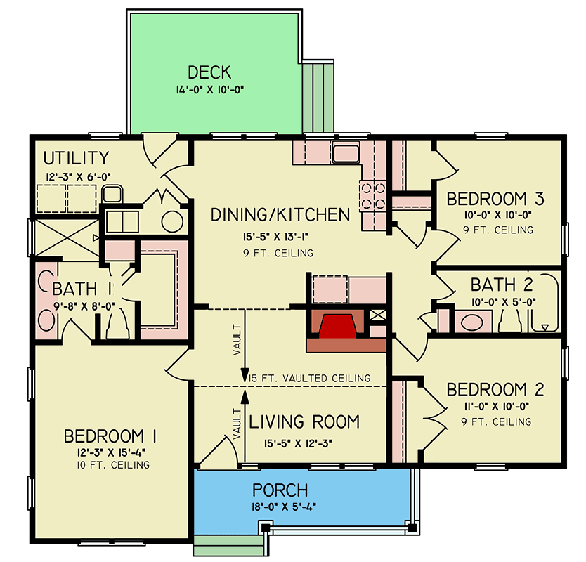 Plan 25845GE: 3-Bed Country Cottage House Plan with Vaulted Living Room - 1209 Sq Ft - Floor Plan - Main Level - Country, Craftsman, Modern Farmhouse