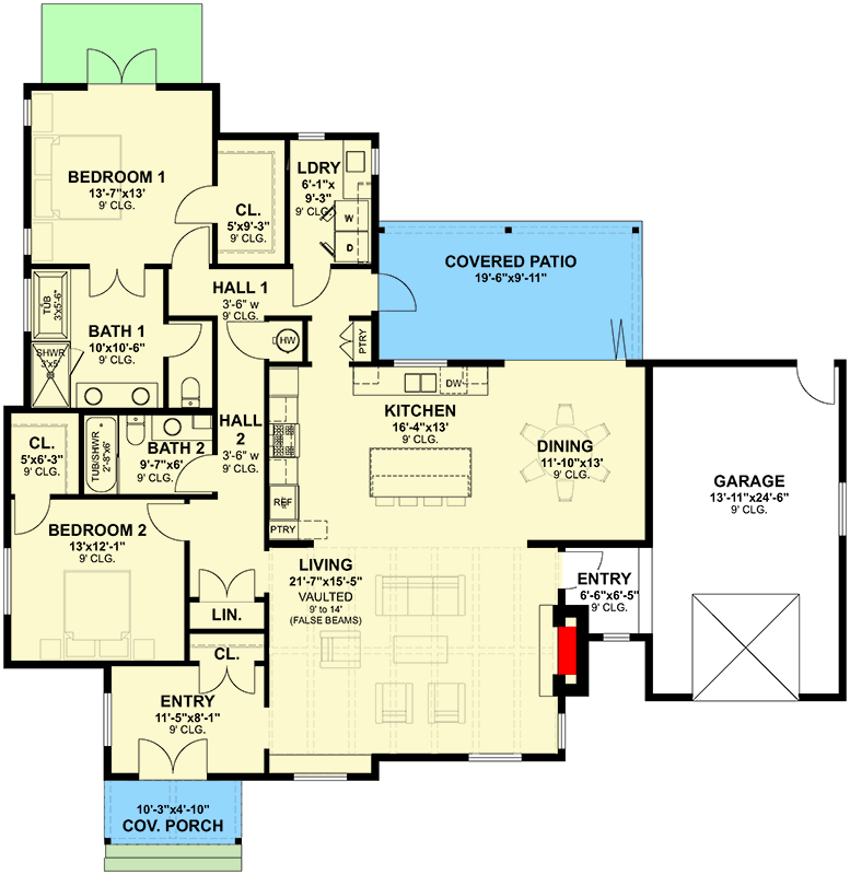 Plan 871038NST: 2-Bed Farmhouse Cottage Plan with Vaulted Living Room - 1827 Sq Ft - Floor Plan - Main Level - Cottage, Farmhouse