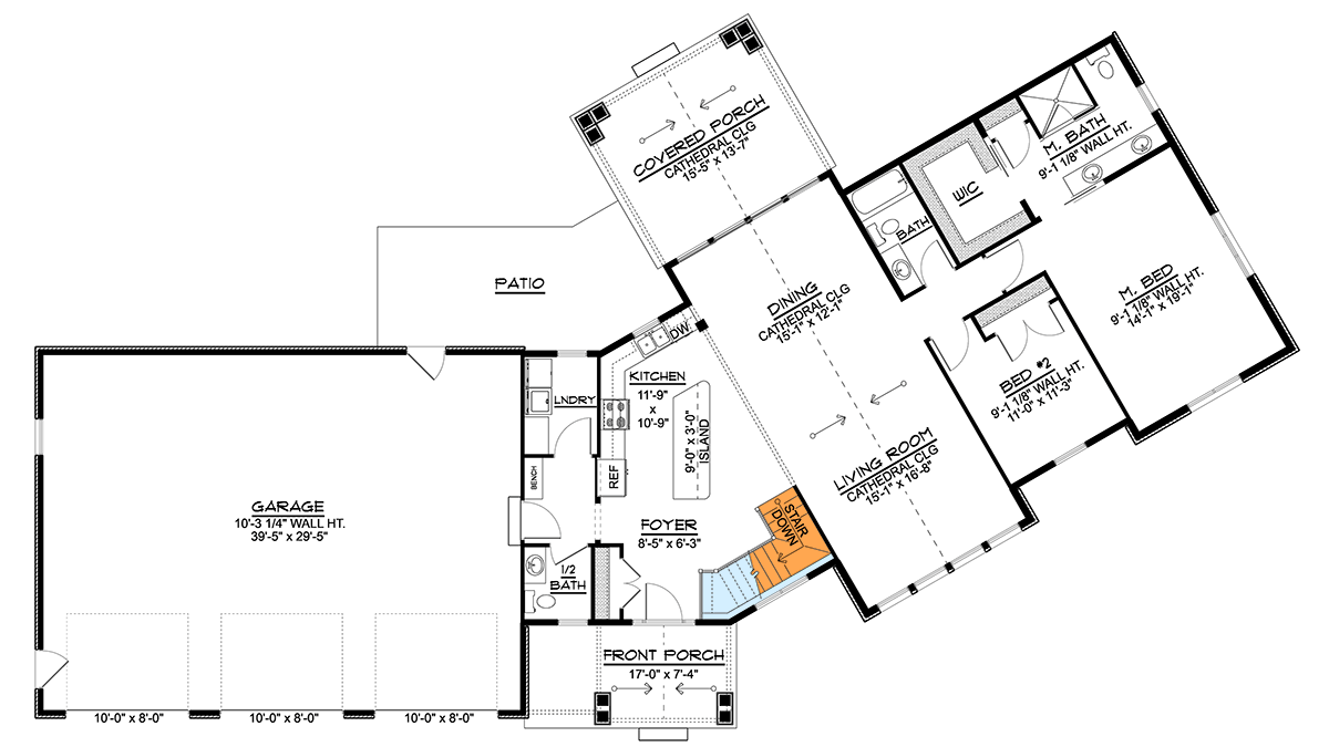 Plan 135348GRA: 2-Bed Mountain Ranch House Plan with Open Concept Living - 1785 Sq Ft - Floor Plan - Basement Stairs Location - Mountain, Ranch