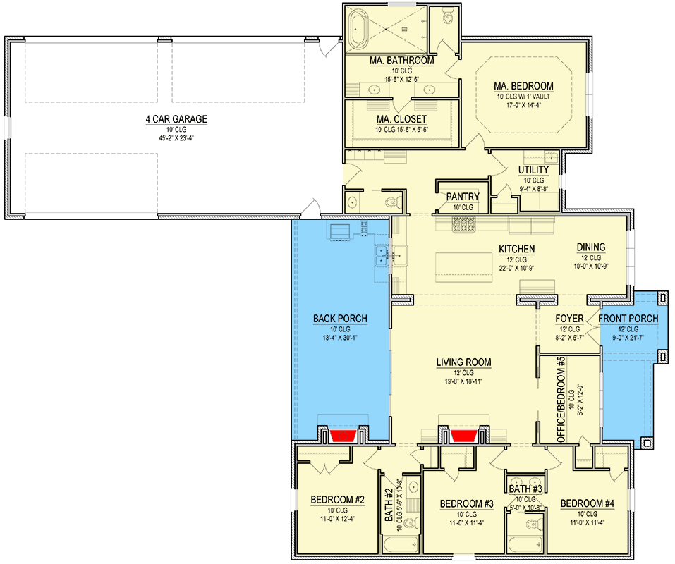 Plan 170001ADS: 4-Bed Southern-Style Craftsman House Plan with Outdoor Fireplace - 2578 Sq Ft - Floor Plan - Main Level - Craftsman, Ranch, Southern, Traditional
