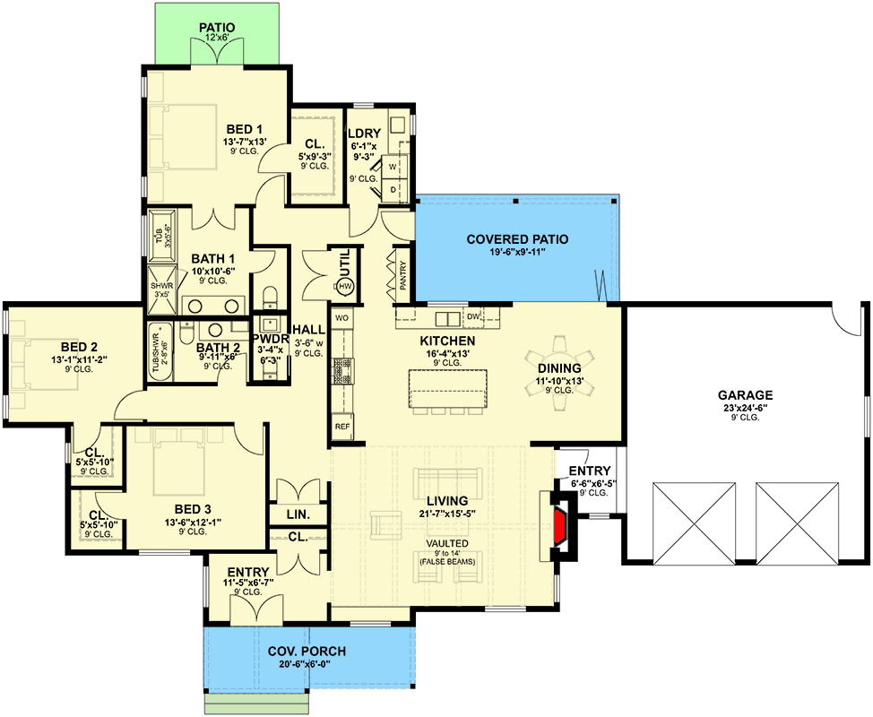 Plan 871040NST: Cottage Farmhouse House Plan with Split Beds and Vaulted Living - Floor Plan - Main Level - Cottage, Farmhouse