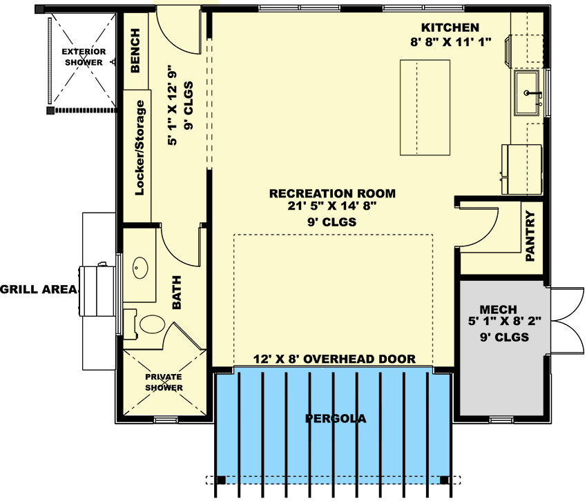 Plan 506045BRY: Pool House with Outdoor Kitchen and Shower - 621 Sq Ft - Floor Plan - Main Level - Contemporary