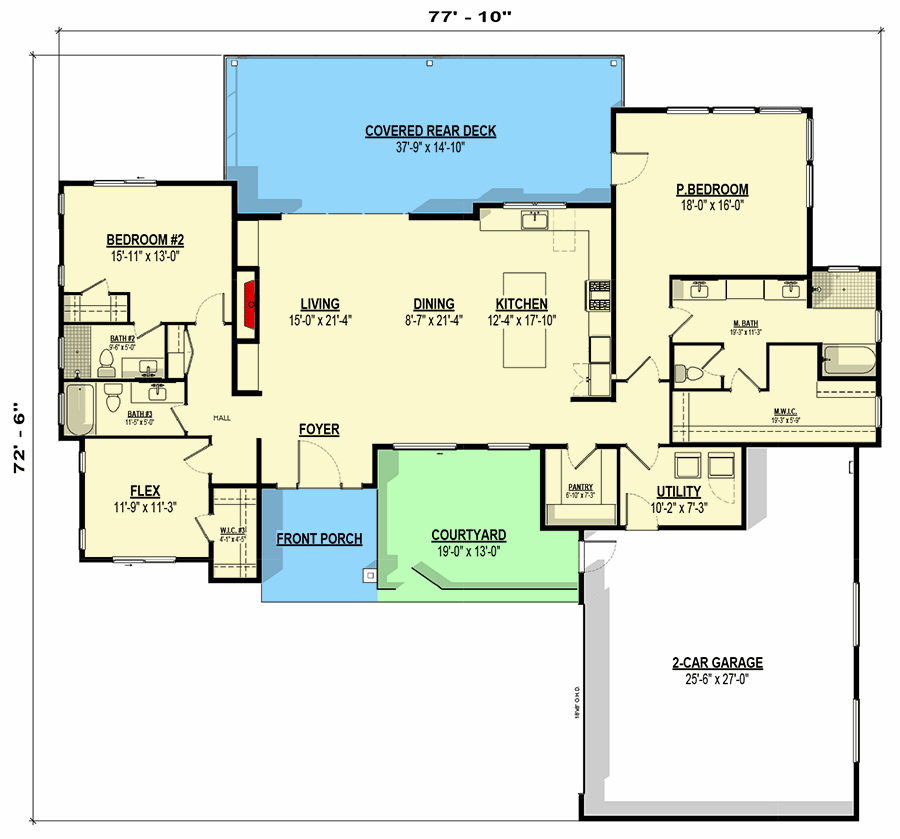 Plan 307746RAD: Single Story Modern House Plan with A Courtyard - 2331 Sq Ft - Floor Plan - Main Level - Contemporary, Mid Century Modern, Modern