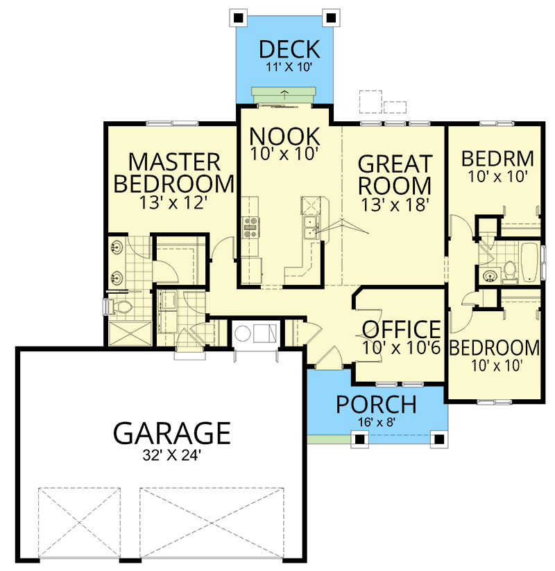 Plan 267080SPK: 3-Bed Traditional Ranch House Plan with 3-Car Garage - 1424 Sq Ft - Floor Plan - Main Level - Country, Craftsman, Ranch, Traditional