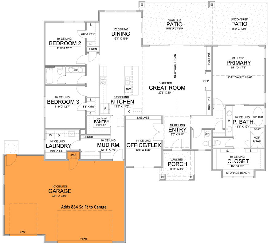 Plan 365057PED: 3 or 5 Bed Single-Story Craftsman House Plan with Vaulted Great Room - 2500 Sq Ft - Floor Plan - Main Level - Front Garage Option ($ Paid Option) - Craftsman, Mountain