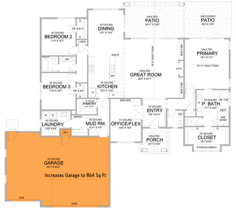 Plan 365058PED: 3 or 5 Bed Single-Story Transitional House Plan with Vaulted Primary Suite - 2500 Sq Ft - Floor Plan - Main Level - Front Garage Option ($ Paid Option) - Transitional
