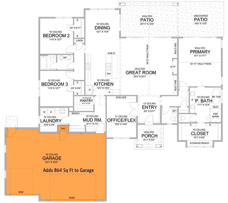 Plan 365058PED: 3 or 5 Bed Single-Story Transitional House Plan with Vaulted Primary Suite - 2500 Sq Ft - Floor Plan - Main Level - Front Garage Option ($ Paid Option) - Transitional