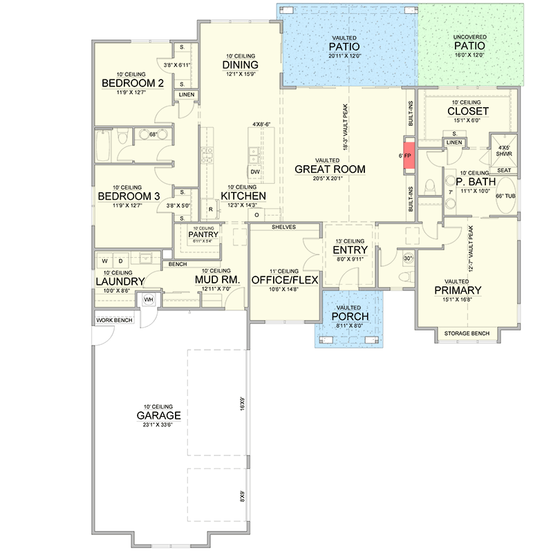 Plan 365058PED: 3 or 5 Bed Single-Story Transitional House Plan with Vaulted Primary Suite - 2500 Sq Ft - Floor Plan - Main Level - Optional Main Level Layout ($ Paid Option) - Transitional