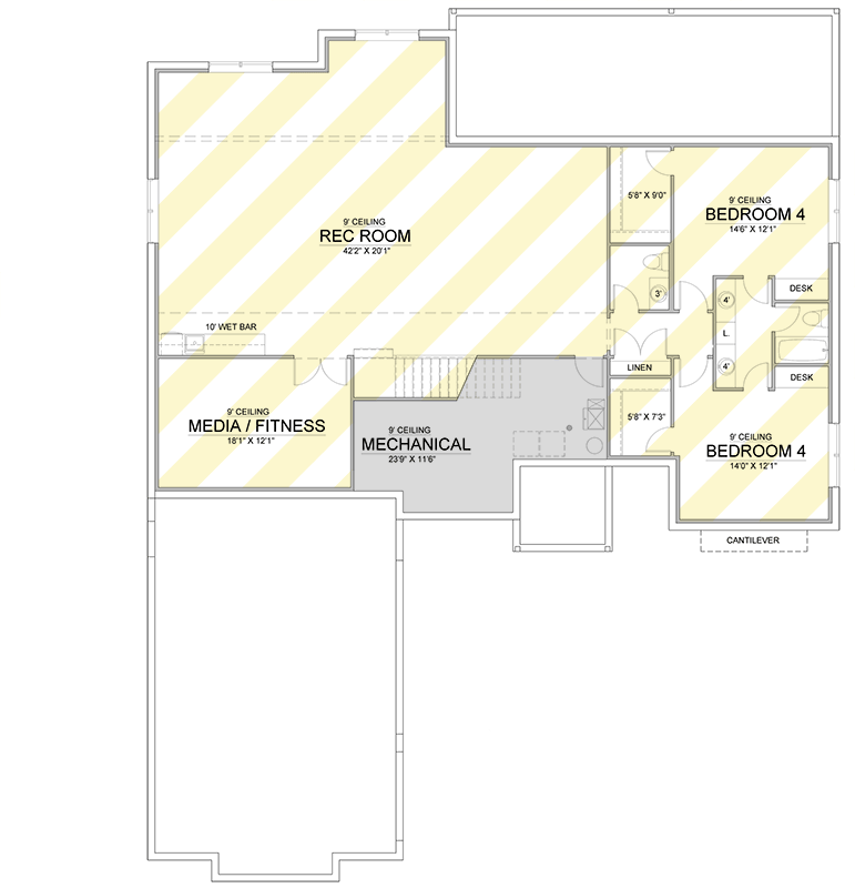 Plan 365058PED: 3 or 5 Bed Single-Story Transitional House Plan with Vaulted Primary Suite - 2500 Sq Ft - Floor Plan - Lower Level: Optionally Finished Basement - Transitional