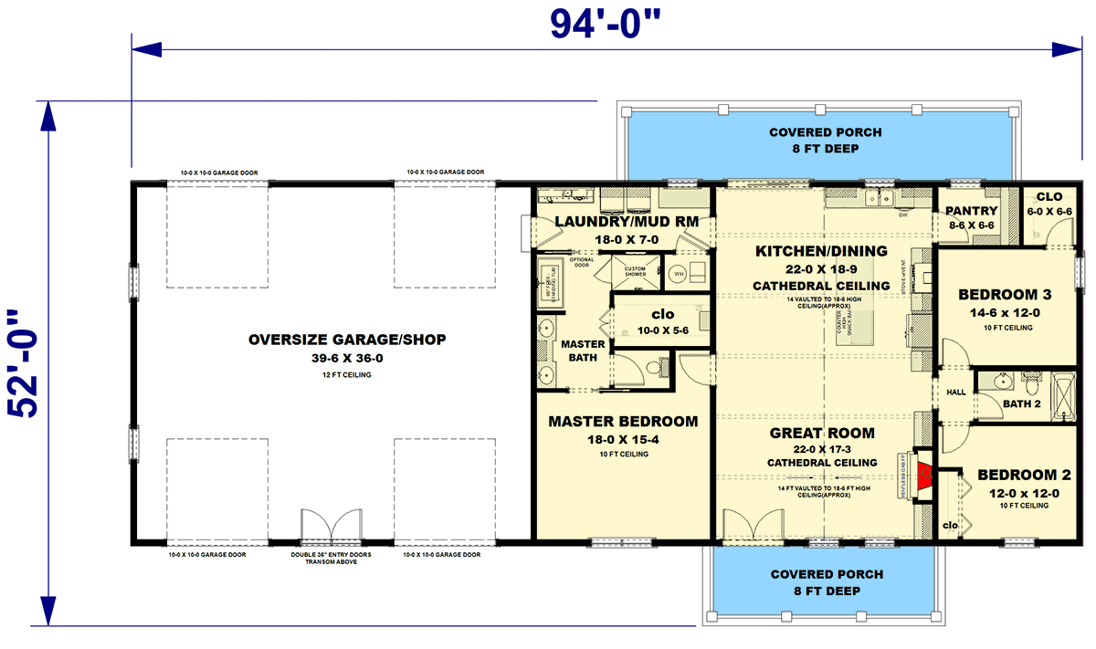 Plan 25065DH: 3-Bed Barndominium House Plan with Oversized 4-Car Garage - 1962 Sq Ft - Floor Plan - Main Level - Barndominium