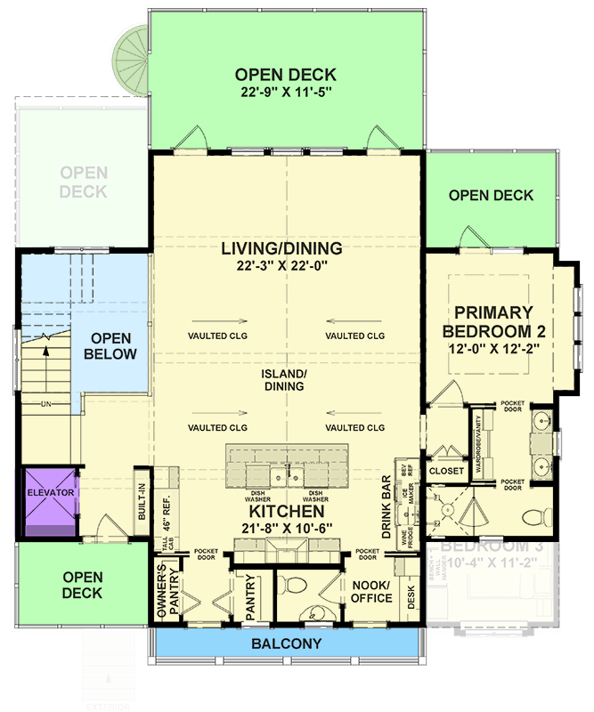 Plan 765058TWN: Coastal Contemporary House Plan with Dual Master Suites and Elevator - Floor Plan - 2nd Floor - Coastal, Coastal Contemporary