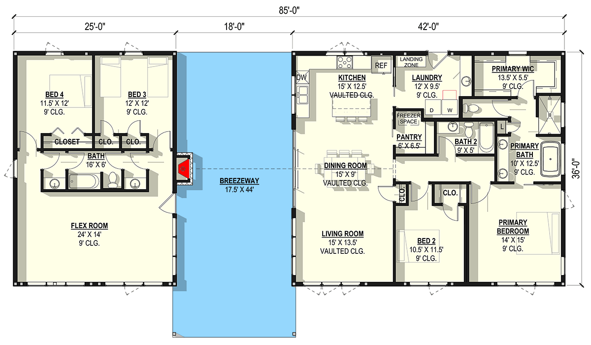 Plan 405012FDC: 4-Bedroom Dogtrot Home Plan with Vaulted Living and Flexible Bonus Space - Floor Plan - Main Level - Country, Mountain, Ranch