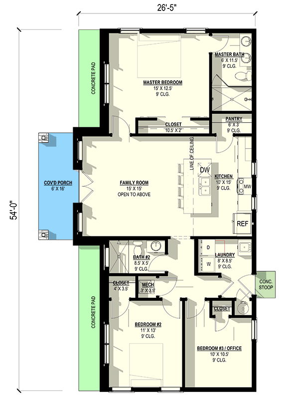 Plan 405014FDC: Charming Narrow Lot Contemporary House Plan wwith Vaulted Family Room and Split Bedrooms - Floor Plan - Main Level - Contemporary