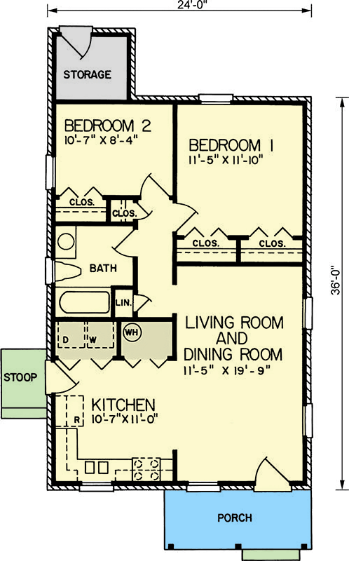 Plan 25874GE: 2-Bed Narrow Country Cottage House Plan Under 850 Sq Ft - Floor Plan - Main Level - Cottage, Country, Traditional