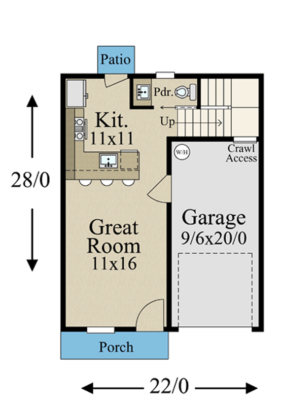 Plan 85460MS: Narrow 2-Bed Modern House Plan with Attached Garage - 1004 Sq Ft - Floor Plan - Main Level - Modern