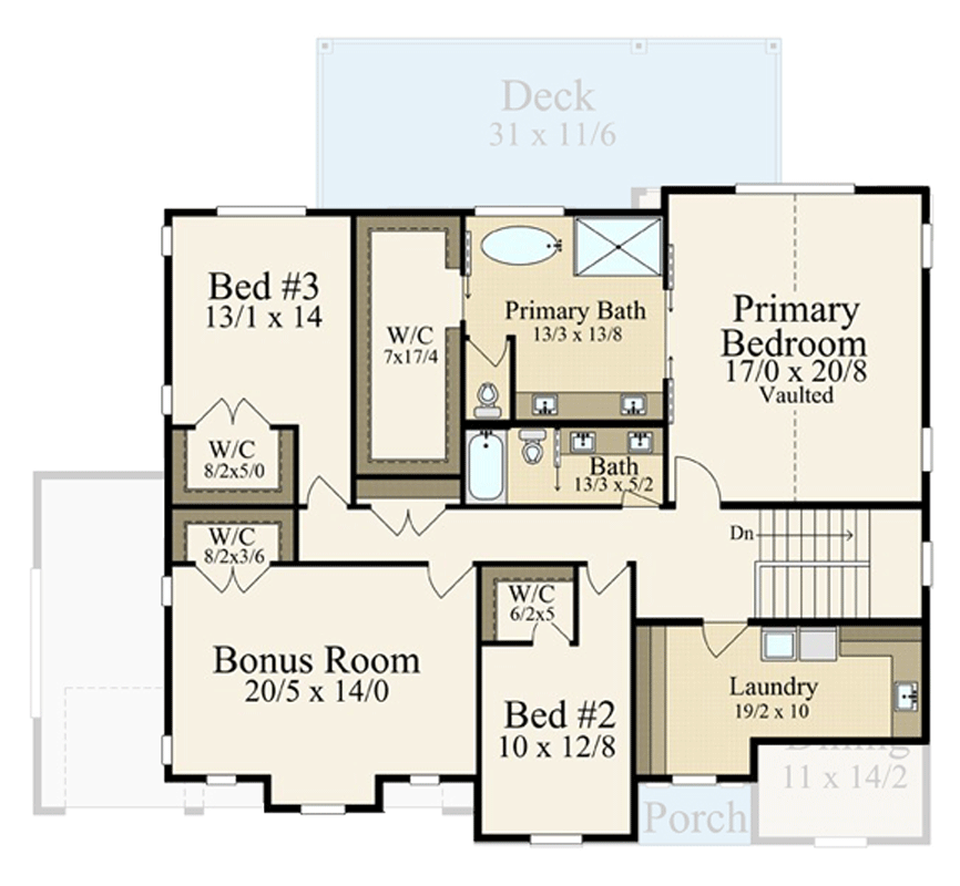 Plan 85469MS: 3 or 5 Bed Transitional House Plan with Dedicated Study and Bonus Room - 3444 Sq Ft - Floor Plan - 2nd Floor - Transitional
