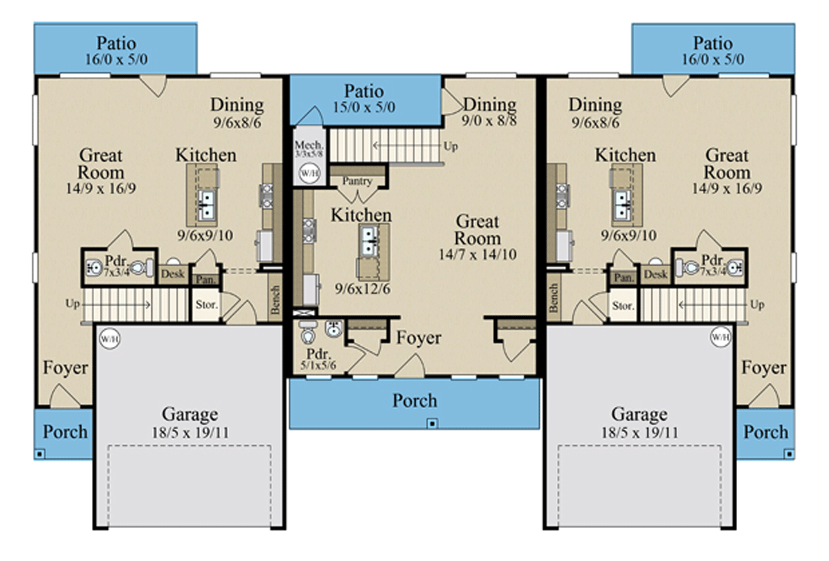 Plan 85473MS: Two-Story Triplex House Plan with Two 3 Bed Units and One 2 Bed Unit - Floor Plan - Main Level - Contemporary, Farmhouse