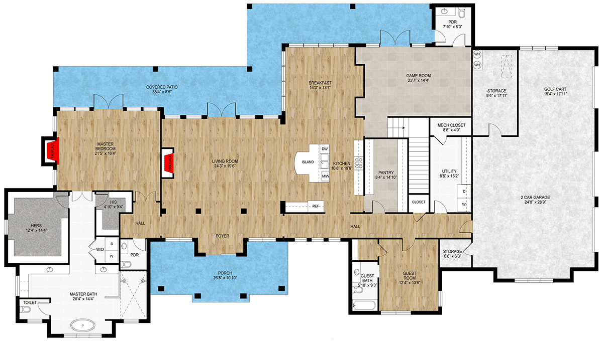 Plan 430145LY: 4-Bed Transitional House Plan with Game Room - 4386 Sq Ft - Floor Plan - Main Level - Transitional