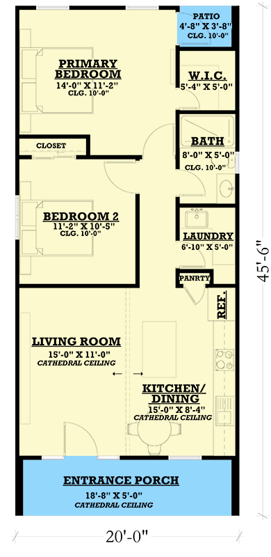 Plan 850008PKE: Narrow Scandinavian House Plan Under 1000 Sq Ft - Floor Plan - Main Level - Scandinavian
