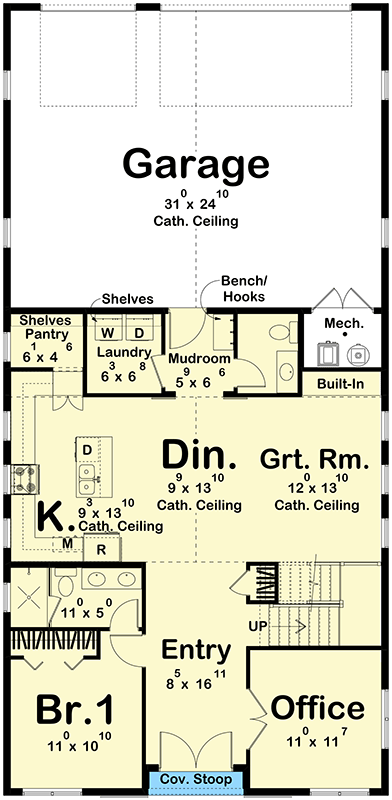 Plan 623515DJ: 2-Bed Barn-Style House Plan with Home Office - 1565 Sq Ft - Floor Plan - Main Level - Barndominium