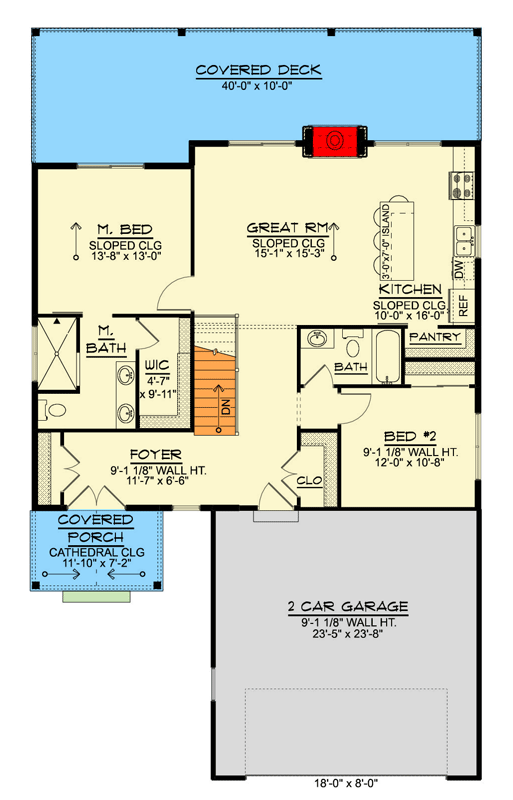 Plan 135354GRA: 2-Bed Lake House-Style House Plan with Palatial Vaulted Ceiling - 1259 Sq Ft - Floor Plan - Main Level - Contemporary, Modern, New American