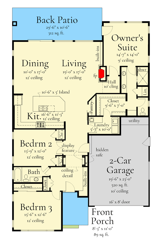 Plan 833067WAT: 3-Bed Mid-Century Modern House Plan with Hidden Safe Area - 2123 Sq Ft - Floor Plan - Main Level - Contemporary, Mid Century Modern, Modern