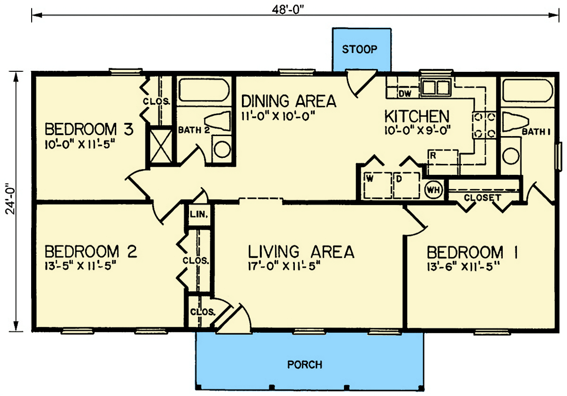Plan 25877GE: 3-Bed Traditional Farmhouse With Open Family Room - 1152 Sq Ft - Floor Plan - Main Level - Farmhouse, Traditional