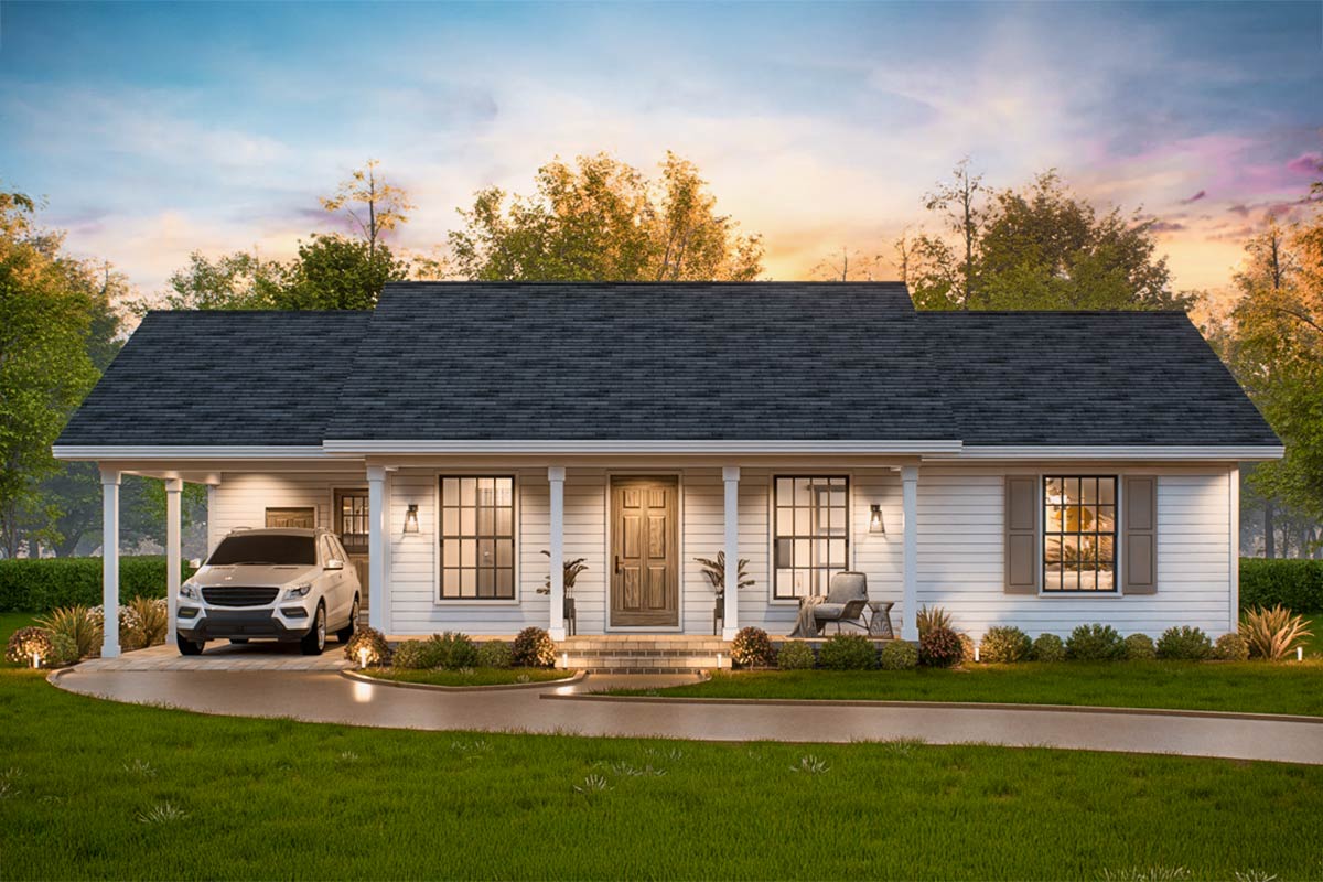 Plan 25881GE: 3-Bed Transitional Ranch House Plan with 1-Car Carport ...