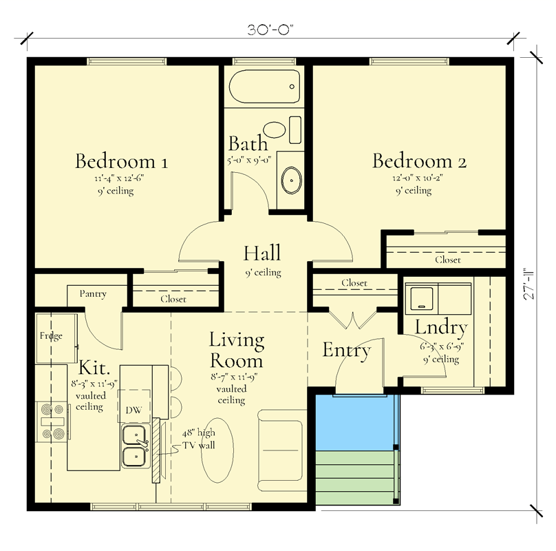 Plan 833072WAT: 2-Bed Cottage House Plan with Front Stoop Under 800 Sq Ft - Floor Plan - Main Level - Cabin, Cottage, Craftsman, Traditional
