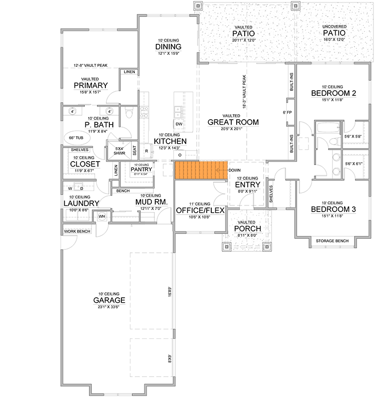 Plan 365060PED: 3 or 5 Bed Modern Farmhouse Plan with Main Floor Master and Laundry Access - 2500 Sq Ft - Floor Plan - Main Level - Basement Stairs Location - Modern Farmhouse, New American